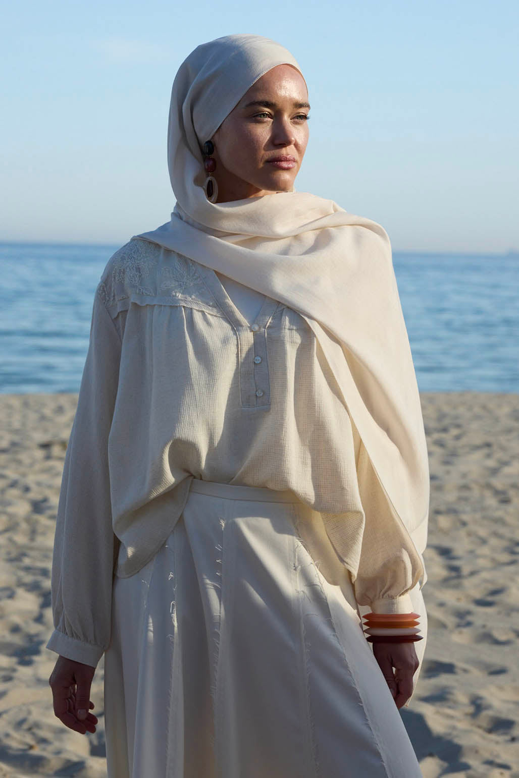 Ekru Pamuk İpek Şal