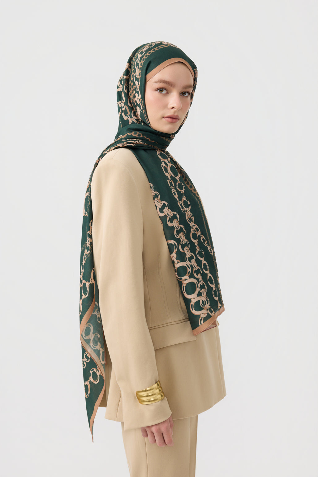 Cotton Twill Şal Loop Line Koyu Yeşil