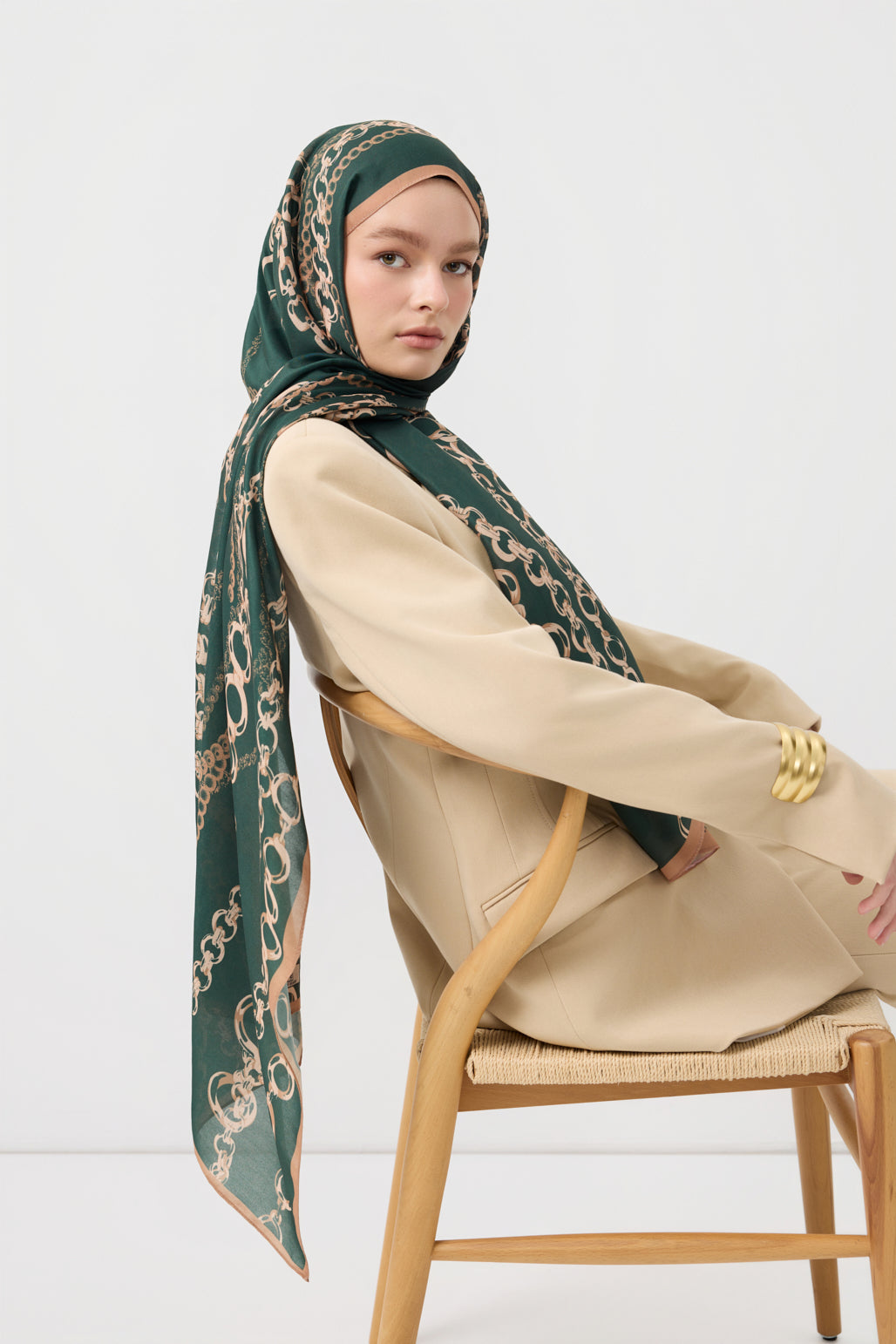 Cotton Twill Şal Loop Line Koyu Yeşil