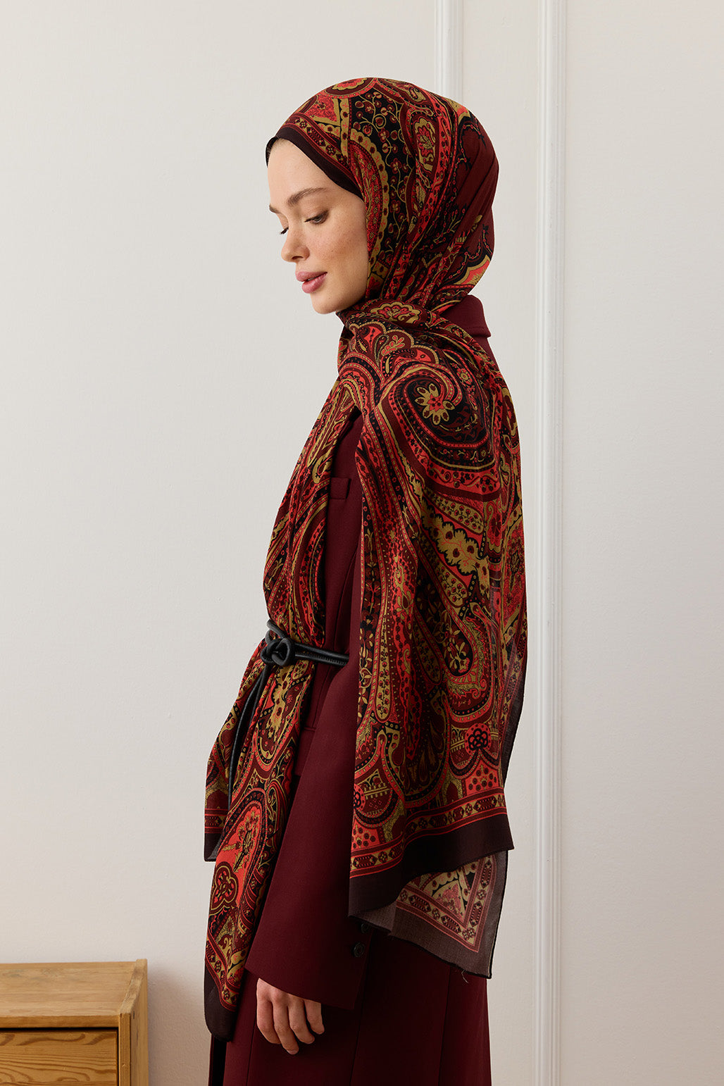 Desenli İpek Viskon Şal Bordo