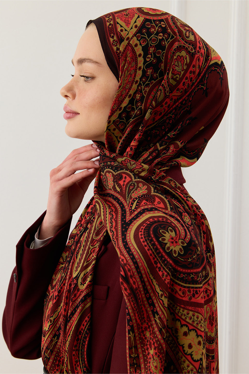 Desenli İpek Viskon Şal Bordo