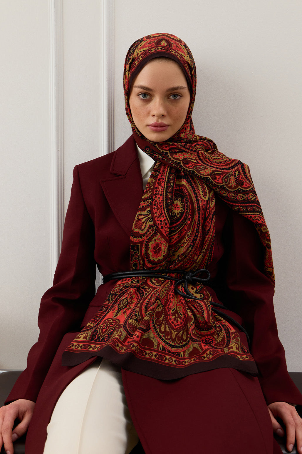 Desenli İpek Viskon Şal Bordo