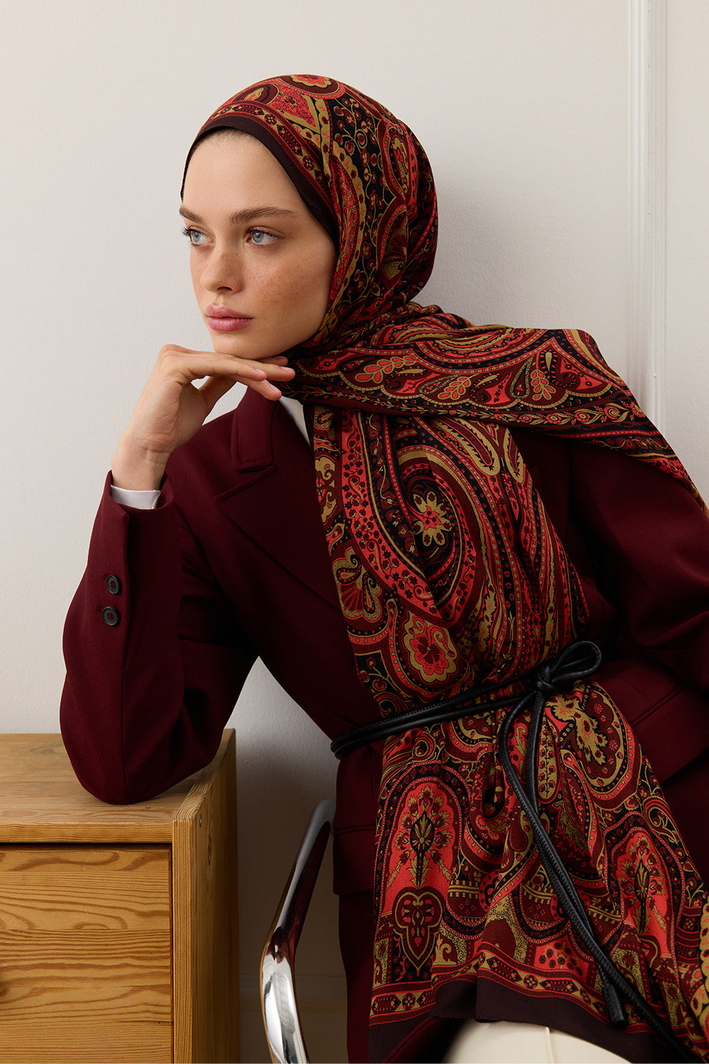 Desenli İpek Viskon Şal Bordo