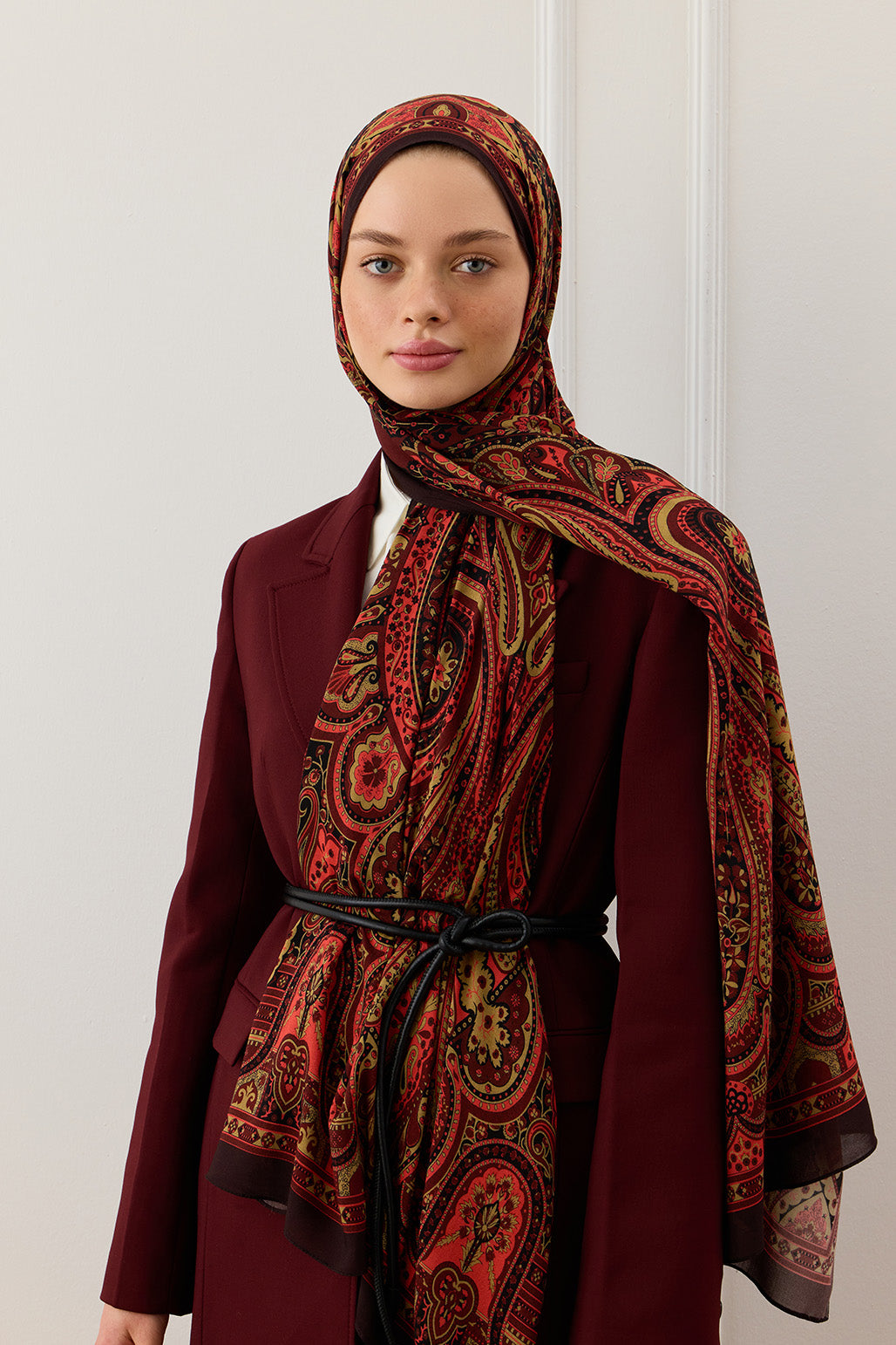 Desenli İpek Viskon Şal Bordo