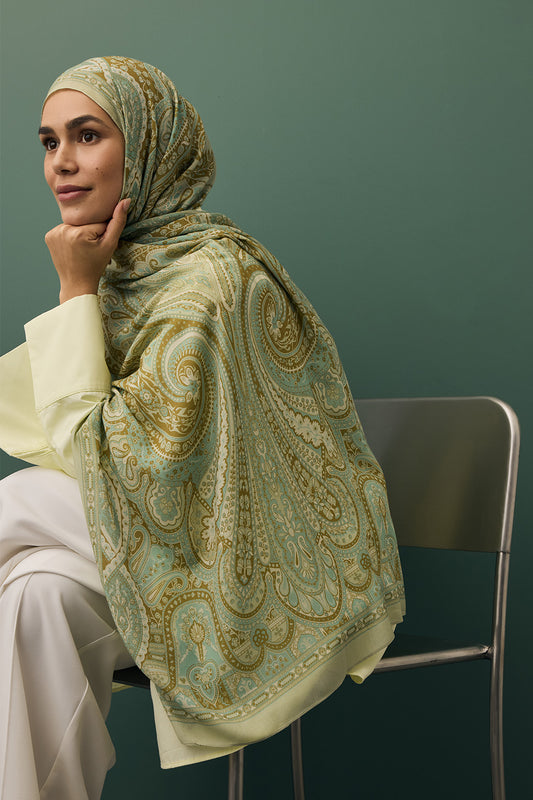 Desenli İpek Viskon Şal Yeşil