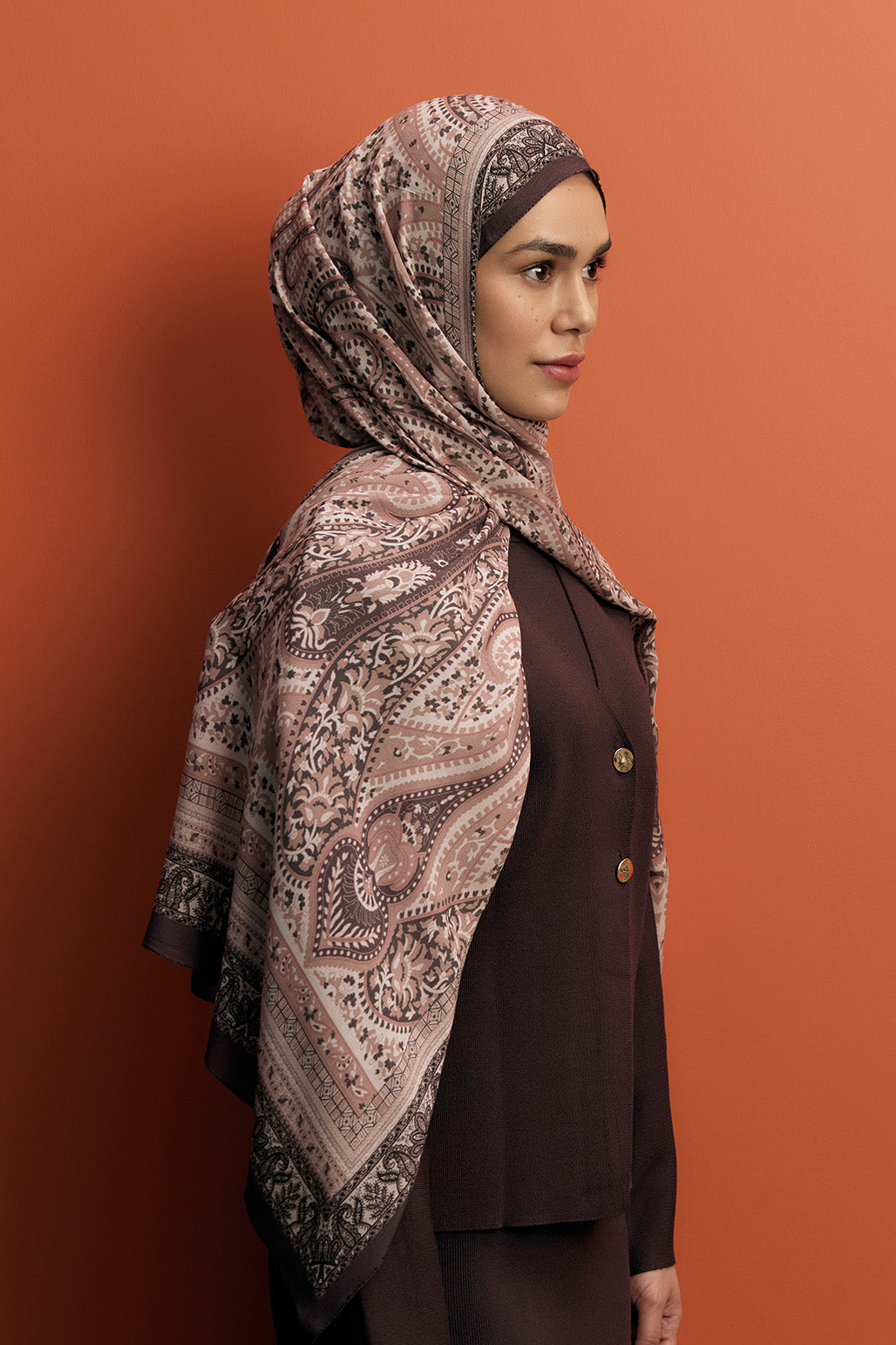 Desenli İpek Viskon Şal Soft Kahve