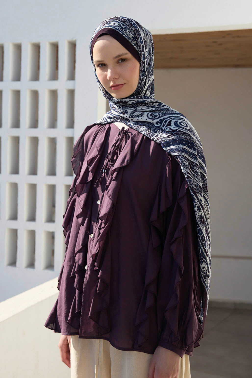 Deluxe Desenli Şal Lacivert