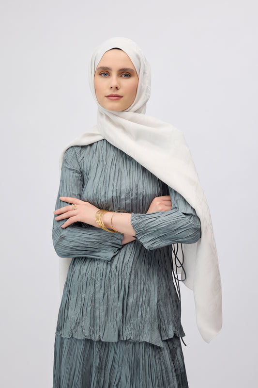 Ekru İpek Jakar Monogram Desen Şal