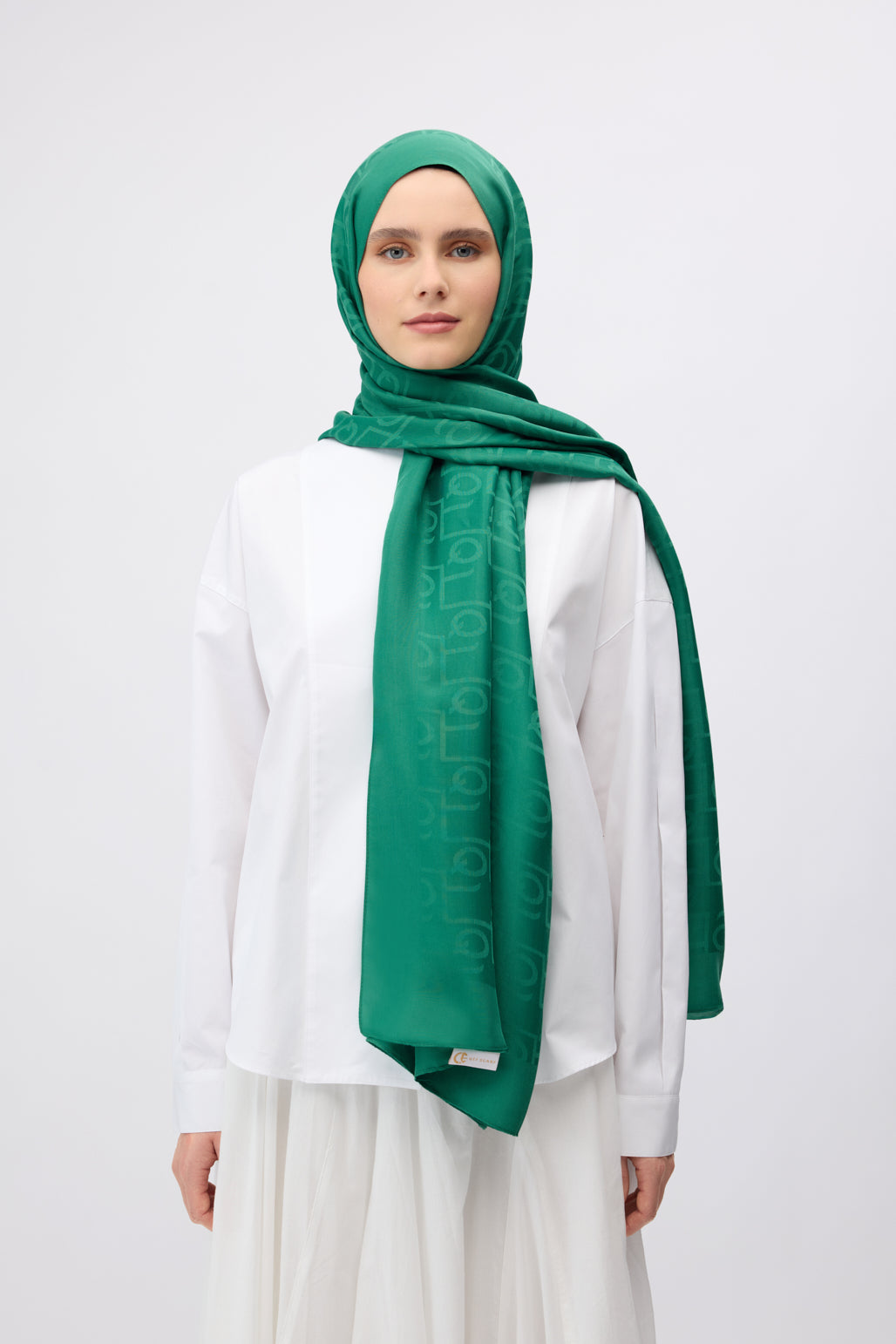 Kadın Zümrüt Yeşili İpek Jakar Monogram Şal