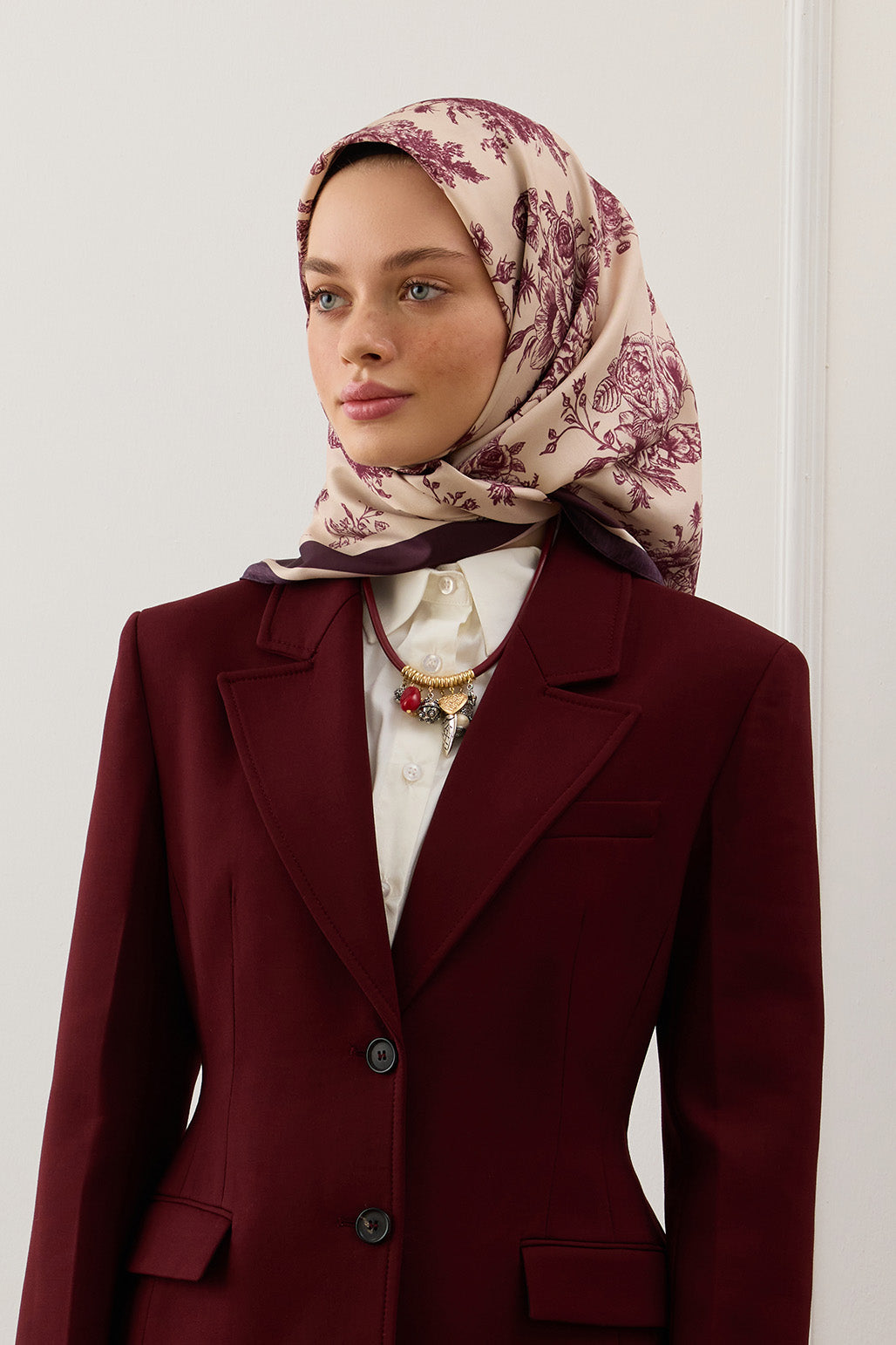 Desenli Twill İpek Eşarp Bordo