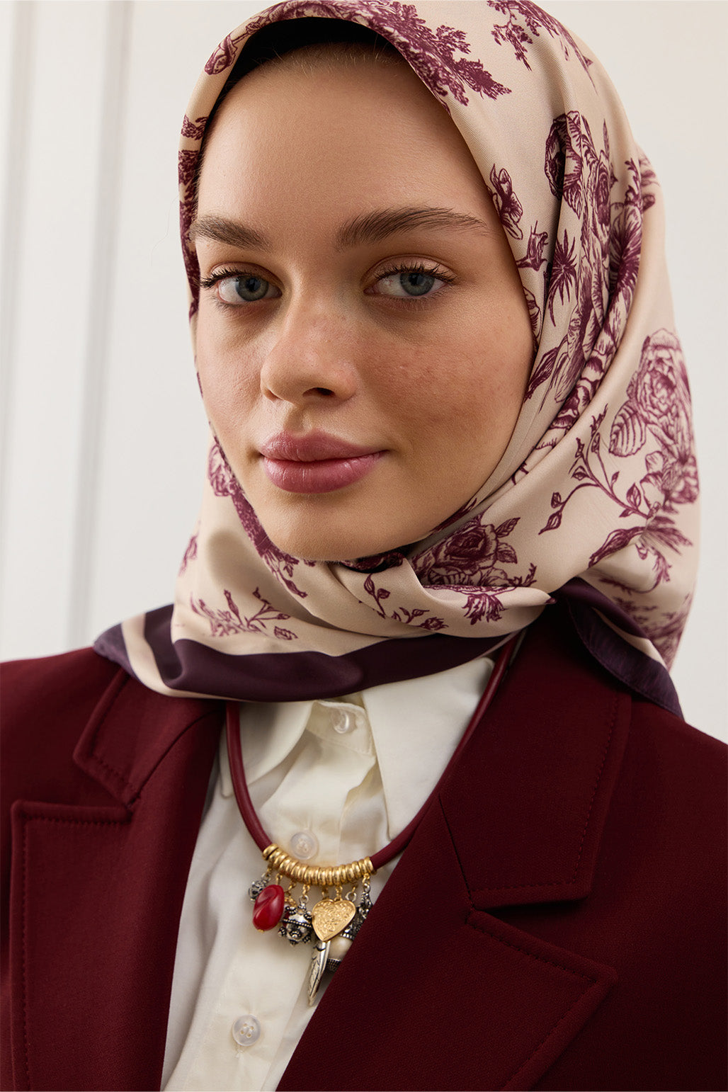 Bordo Desenli Twill İpek Eşarp