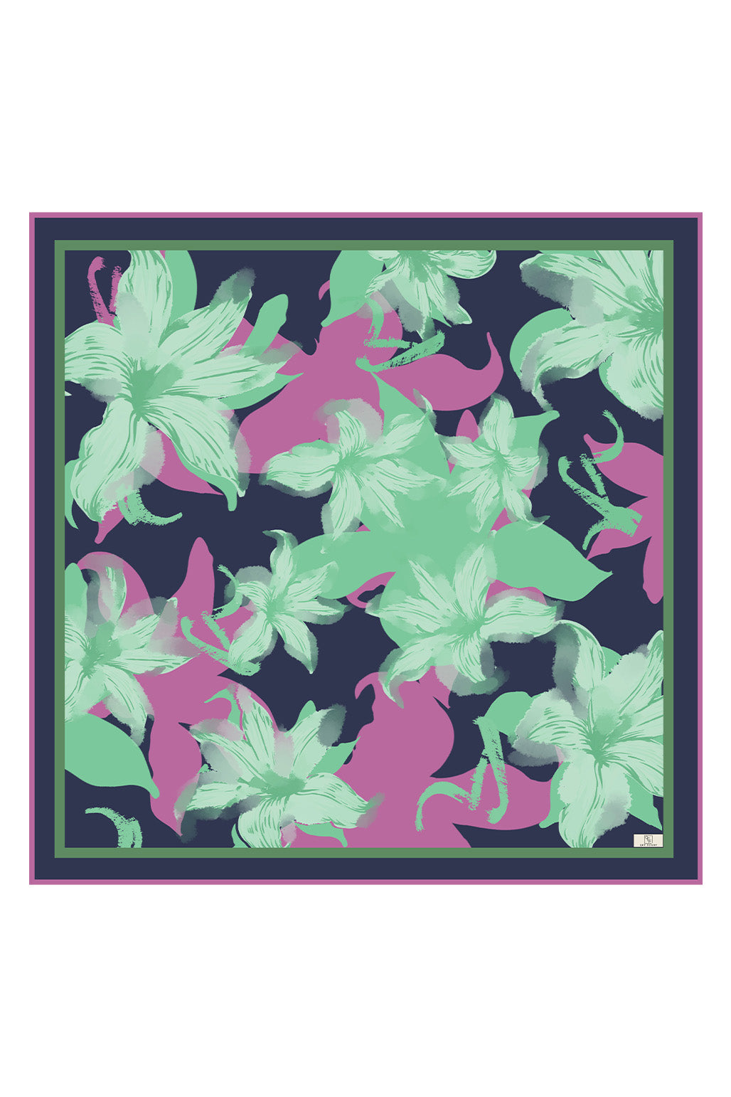 Floral Desenli Twill İpek Eşarp Su Yeşili