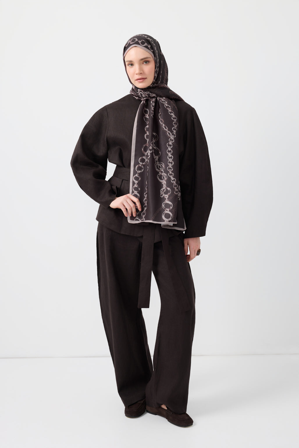 Cotton Twill Şal Loop Line Kahve