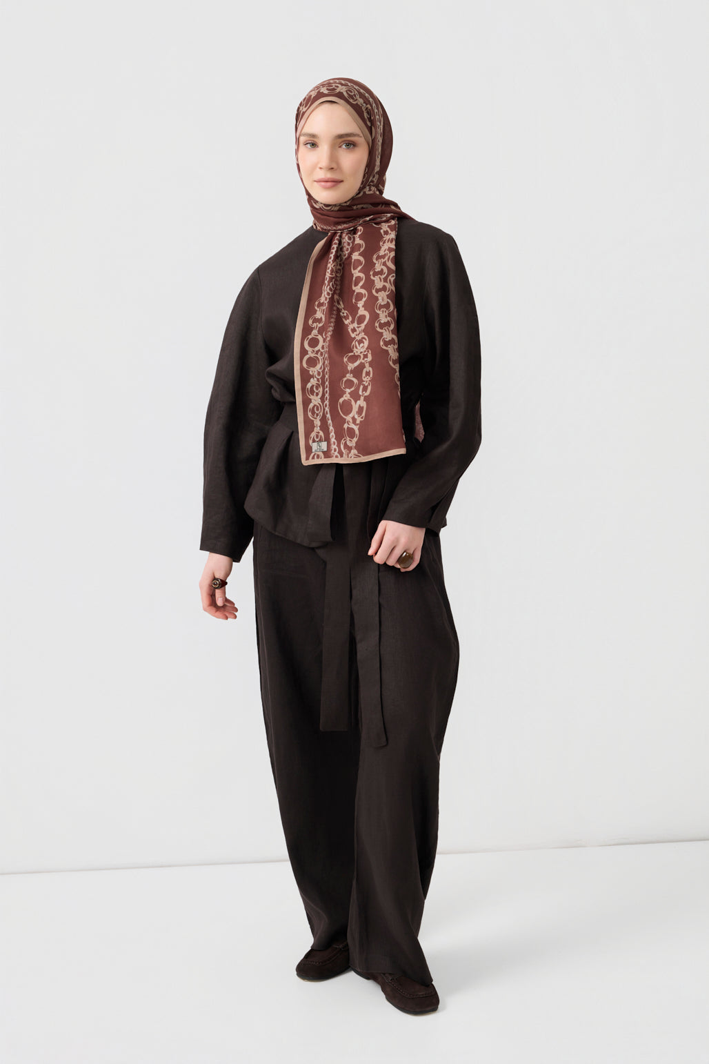 Cotton Twill Şal Loop Line Kızıl Kahve