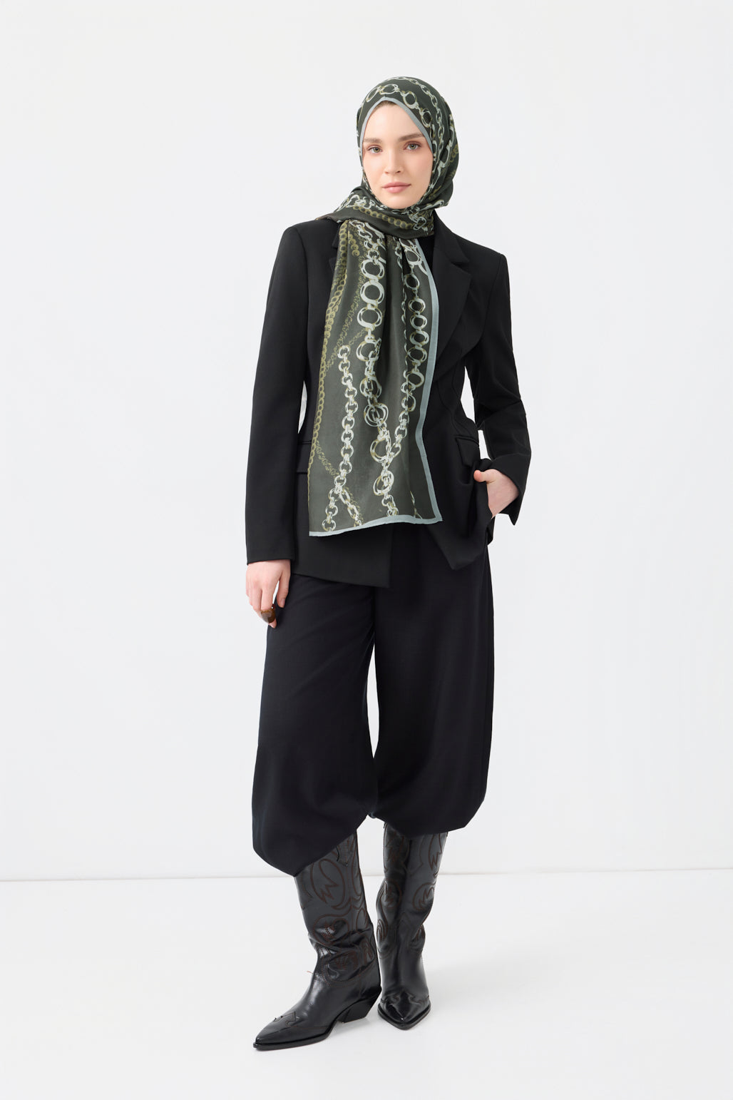 Cotton Twill Şal Loop Line Zeytin Yeşili