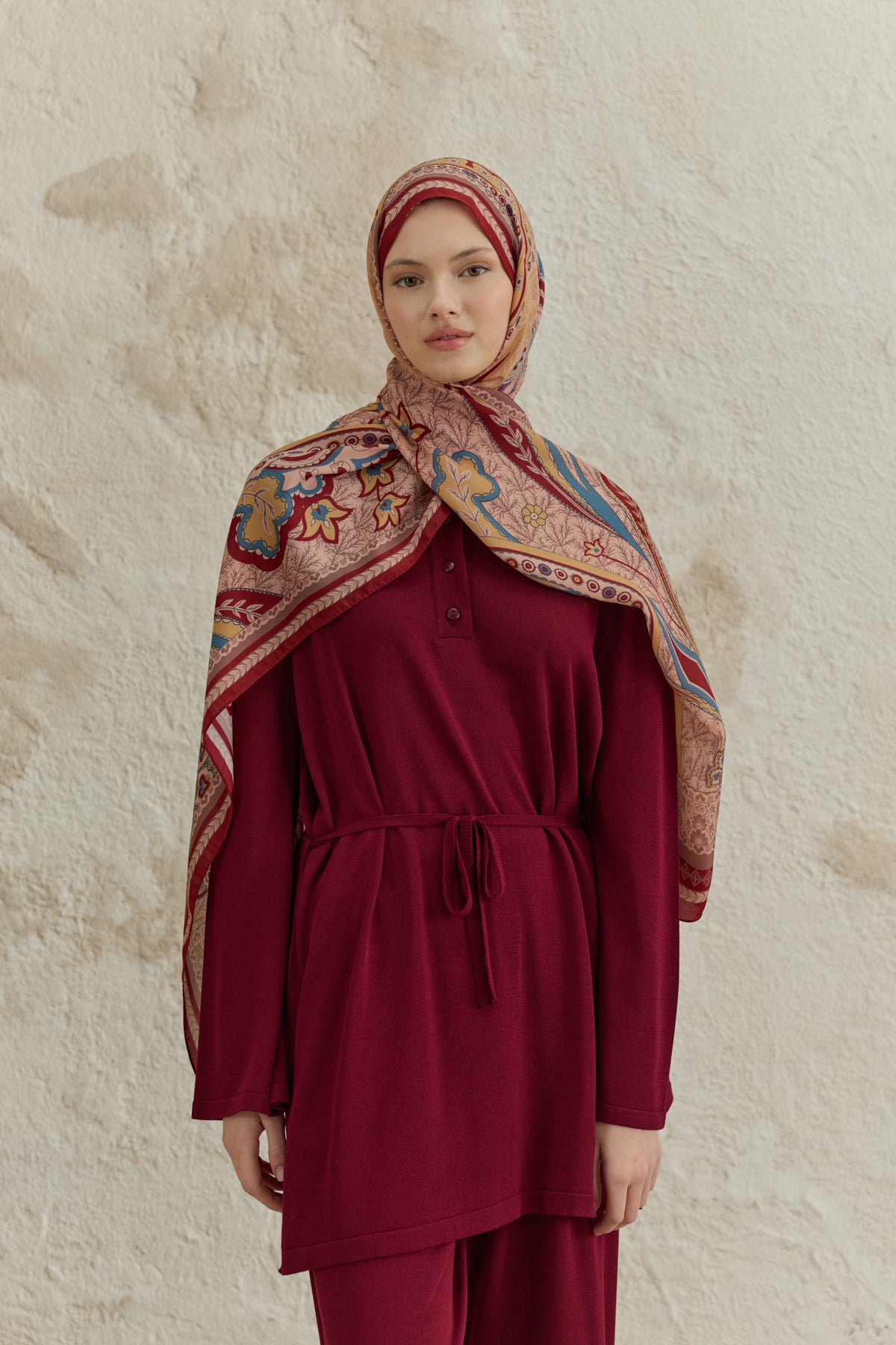 Cupra Prive Desenli Şal Blossom Bordo