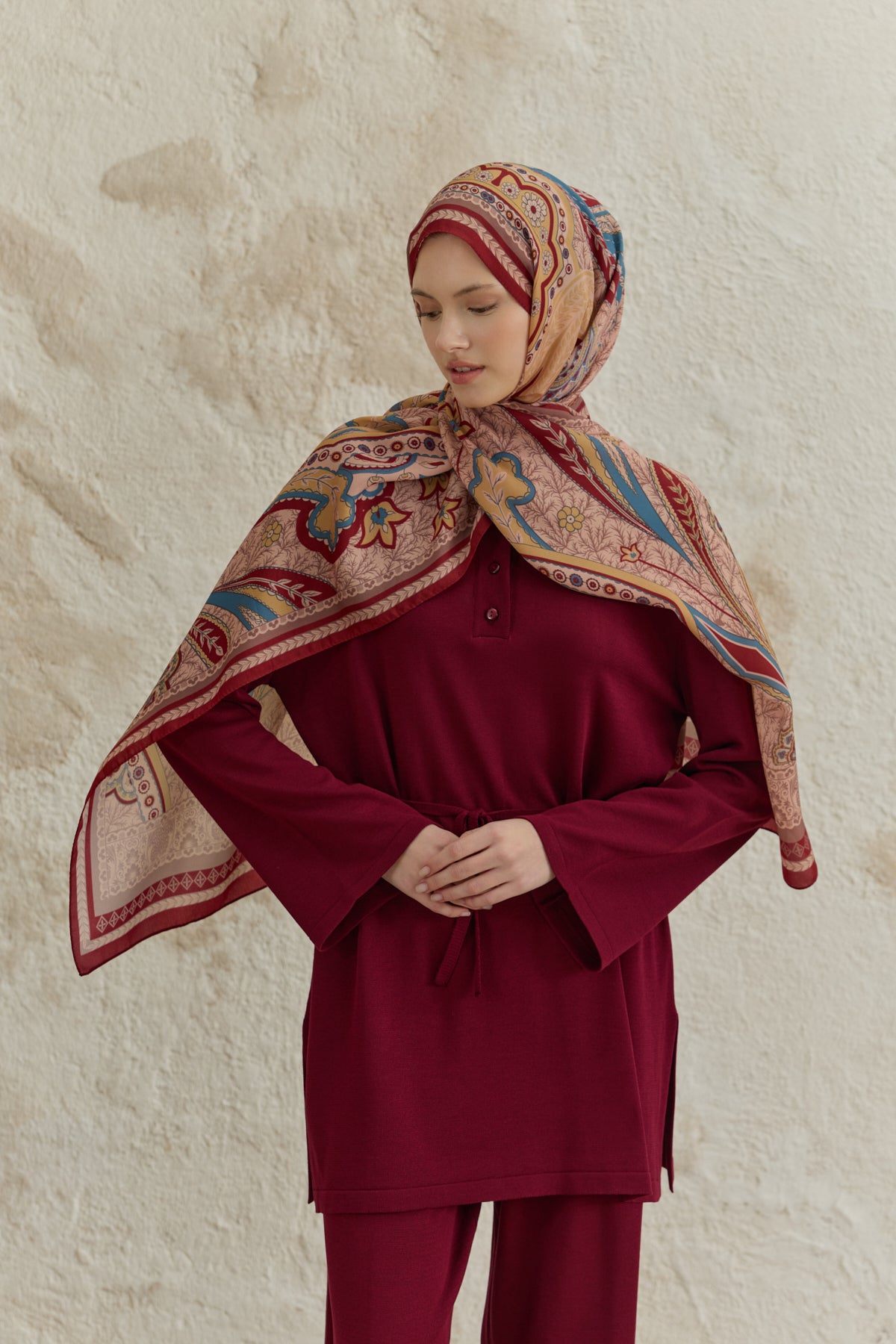 Cupra Prive Desenli Şal Blossom Bordo