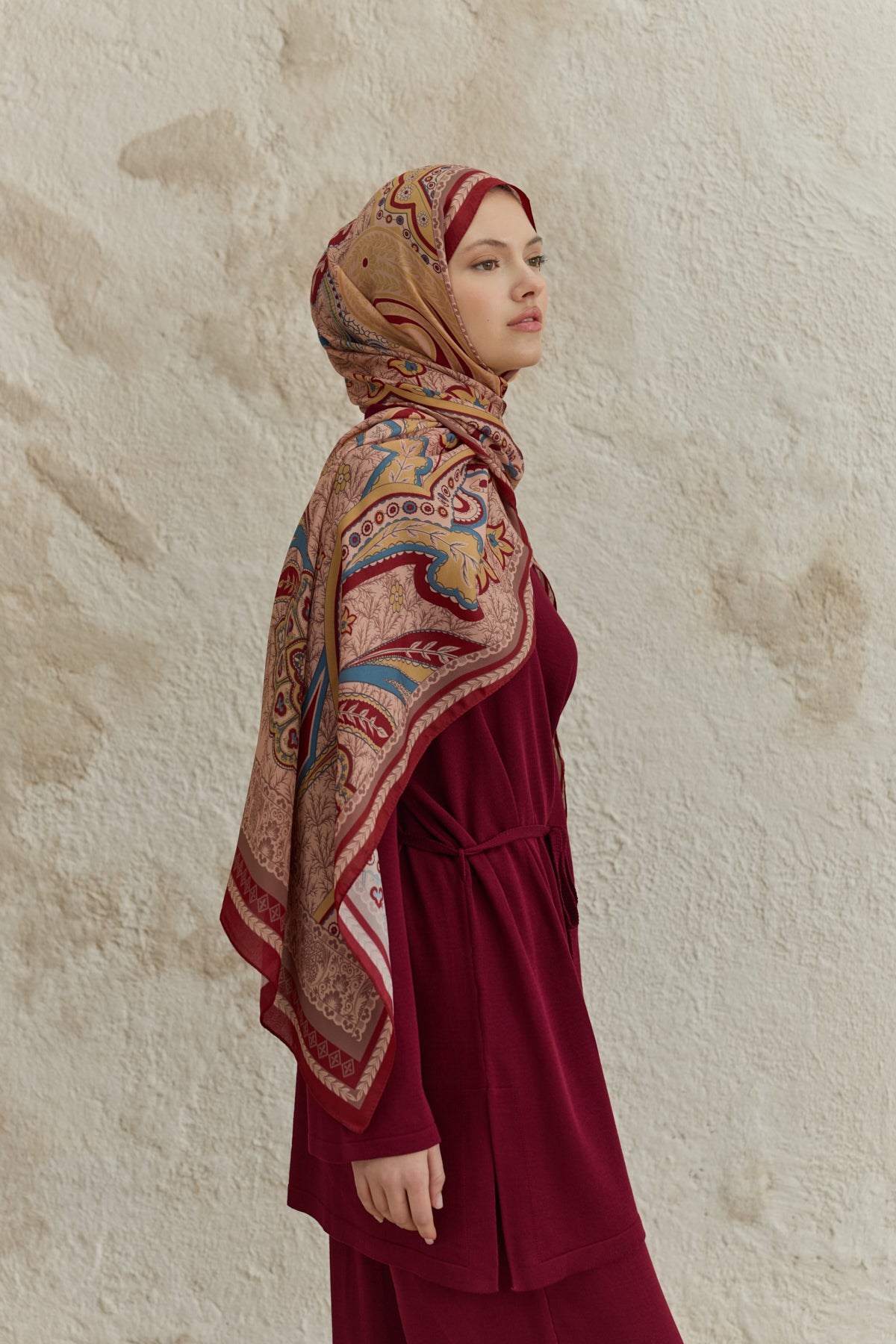 Cupra Prive Desenli Şal Blossom Bordo