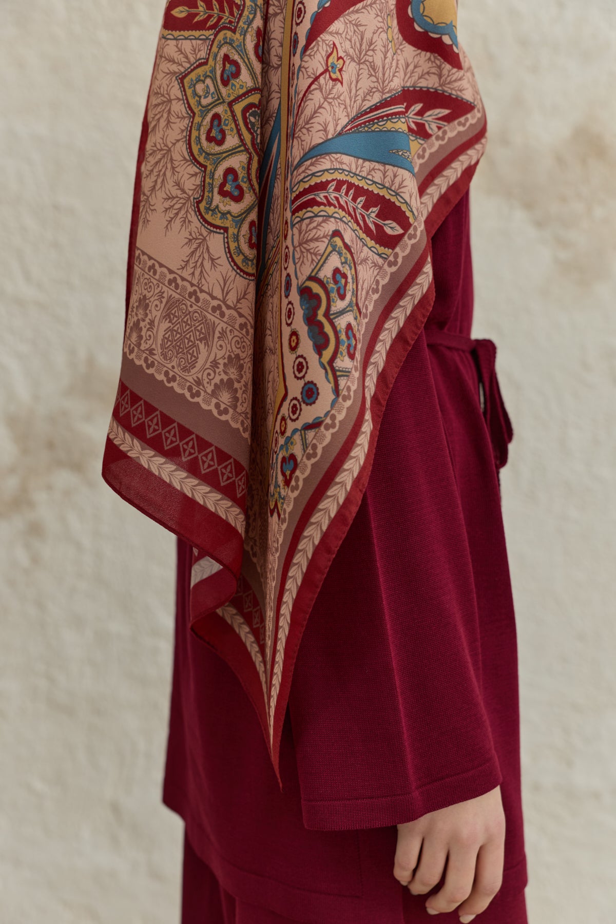 Cupra Prive Desenli Şal Blossom Bordo