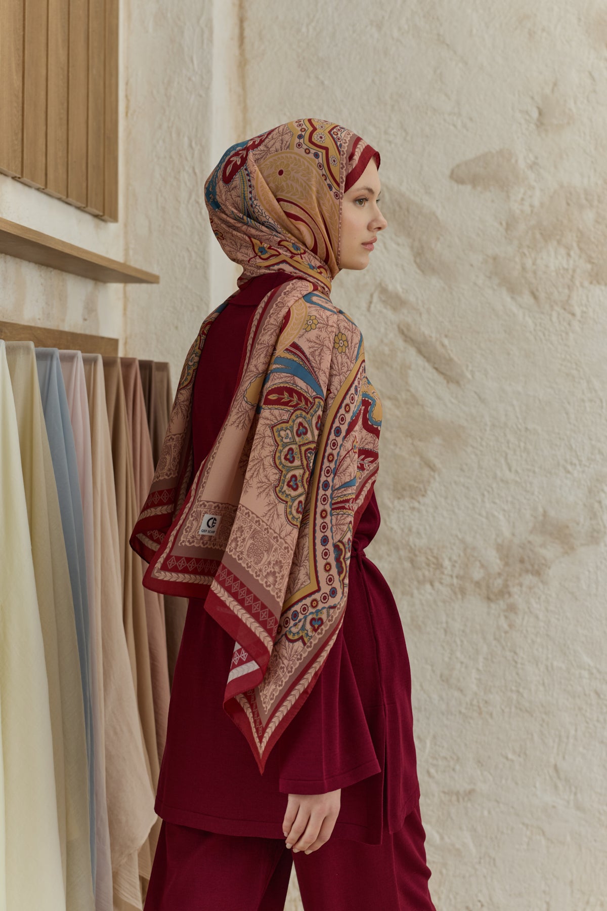 Cupra Prive Desenli Şal Blossom Bordo