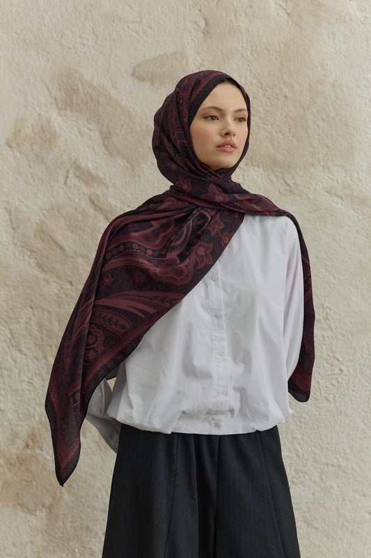 Cupra Prive Desenli Şal Blossom Mürdüm