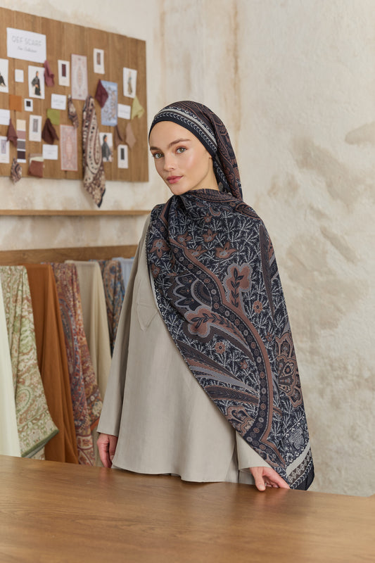 Cupra Prive Desenli Şal Blossom Siyah