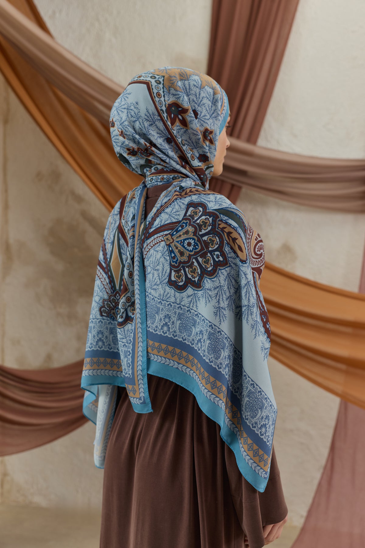 Cupra Prive Desenli Şal Blossom Turkuaz