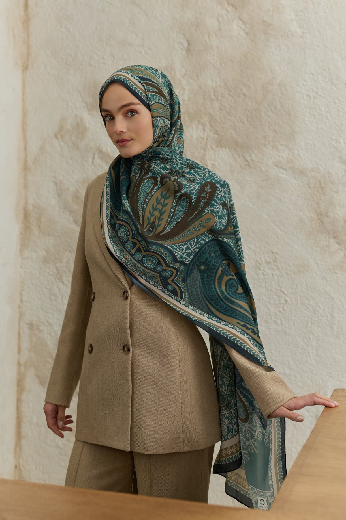 Cupra Prive Desenli Şal Blossom Zümrüt