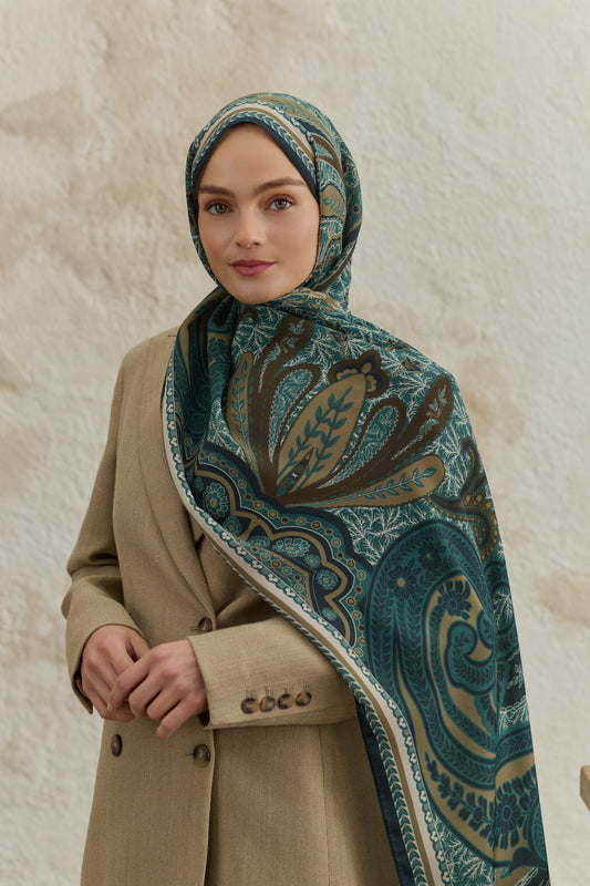 Cupra Prive Desenli Şal Blossom Zümrüt