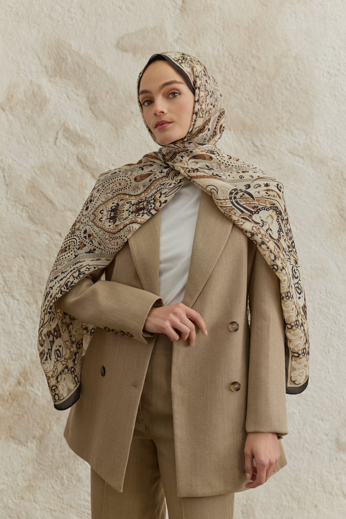Cupra Prive Desenli Şal Saga Bej