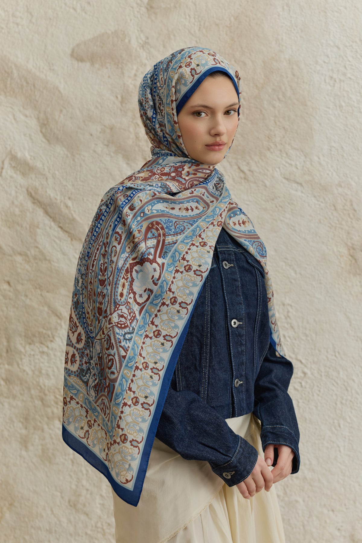 Cupra Prive Desenli Şal Saga Kot Mavi