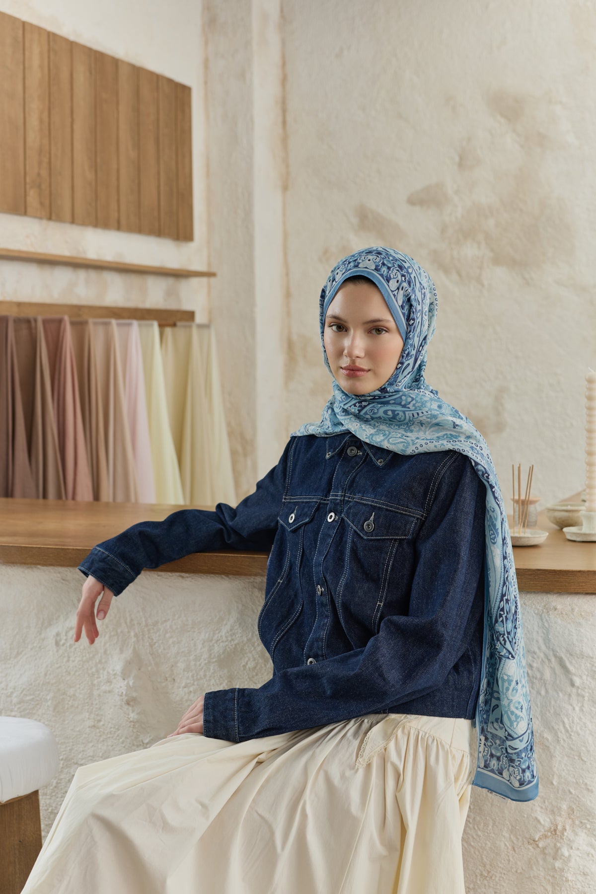 Cupra Prive Desenli Şal Saga Soft Mavi