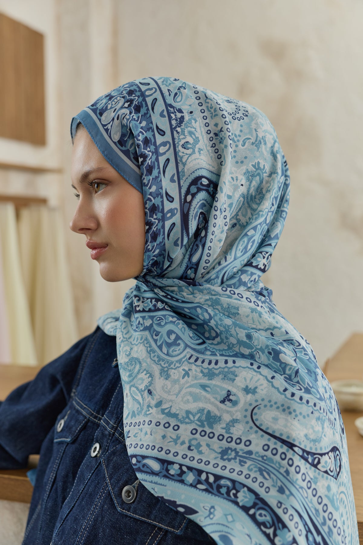 Cupra Prive Desenli Şal Saga Soft Mavi