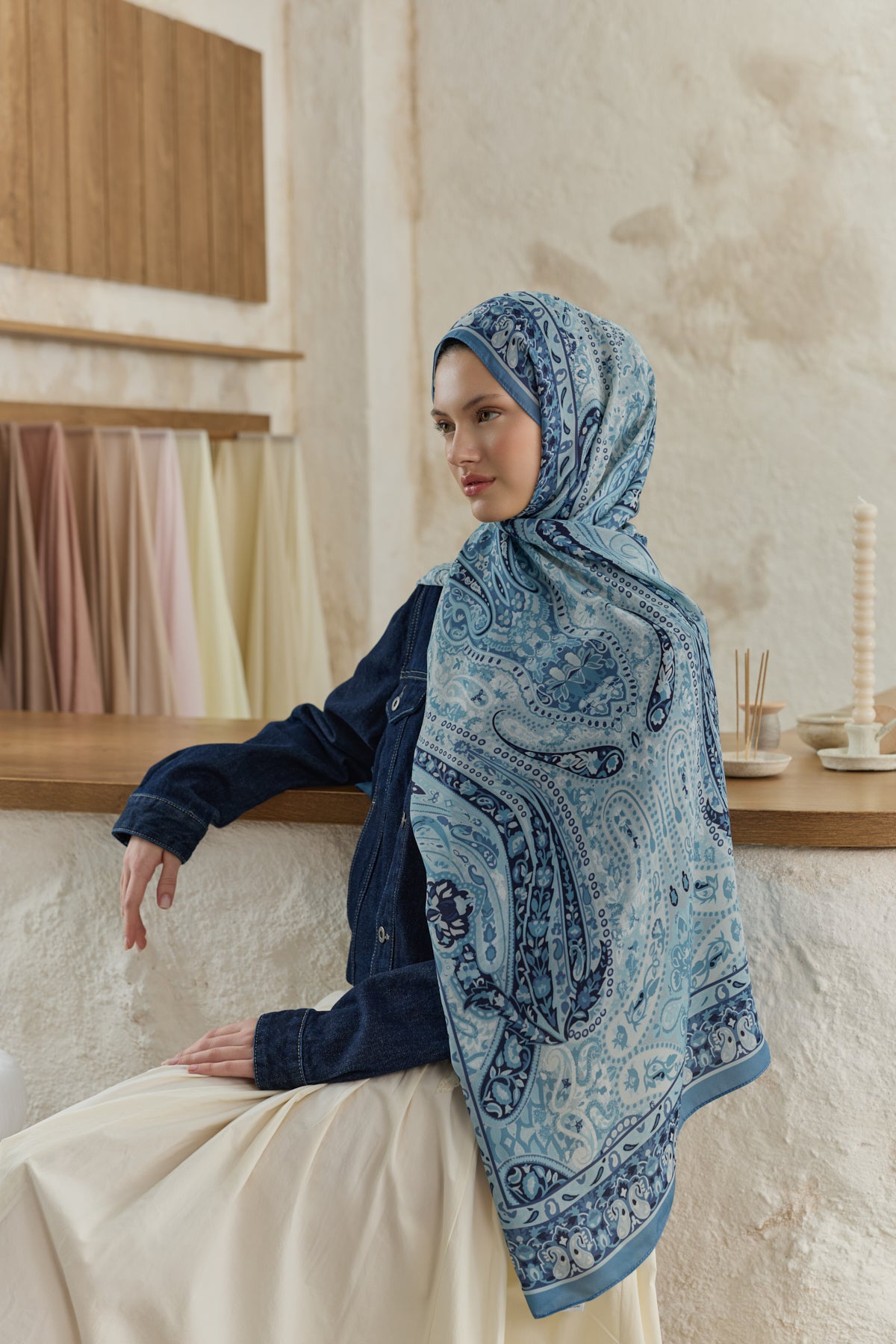 Cupra Prive Desenli Şal Saga Soft Mavi