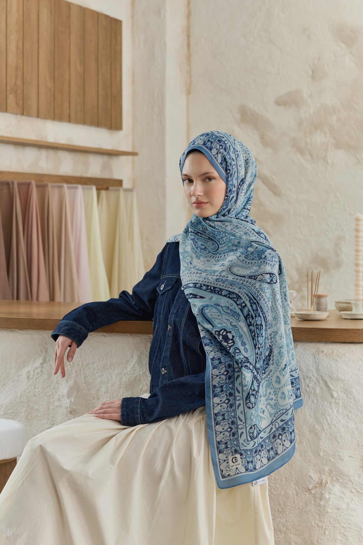 Cupra Prive Desenli Şal Saga Soft Mavi
