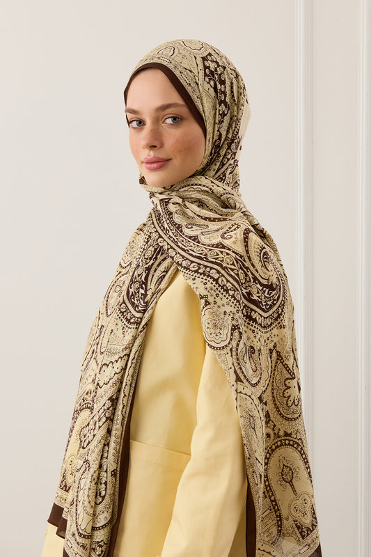 Desenli İpek Viskon Şal Bej