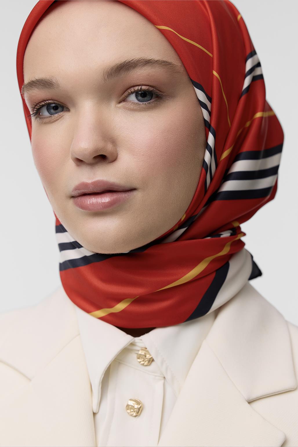 Desenli Twill İpek Eşarp Red Line