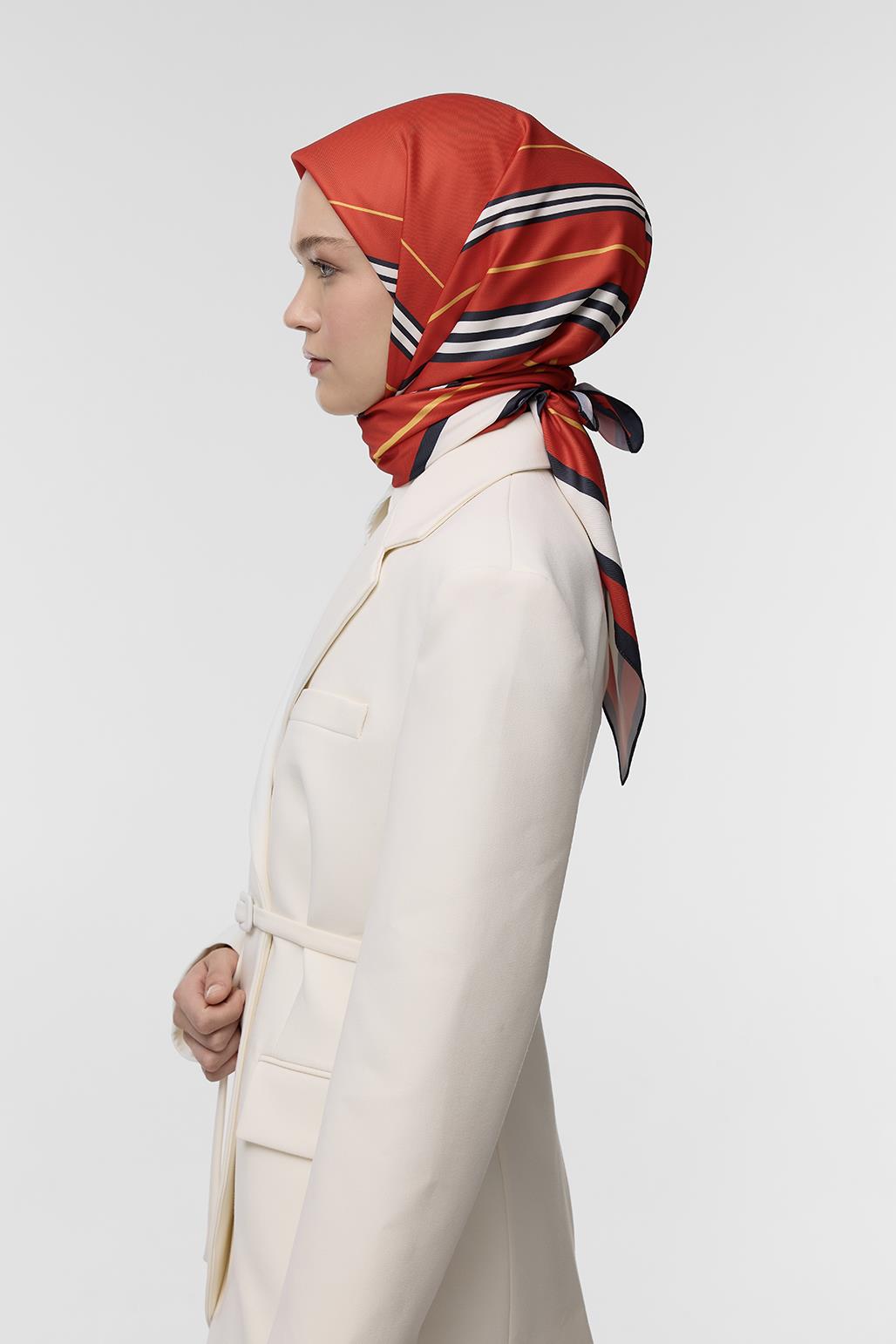 Desenli Twill İpek Eşarp Red Line