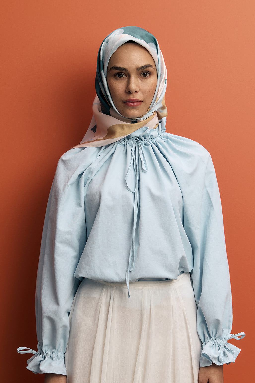 Twill İpek Eşarp Floral Soft Mavi