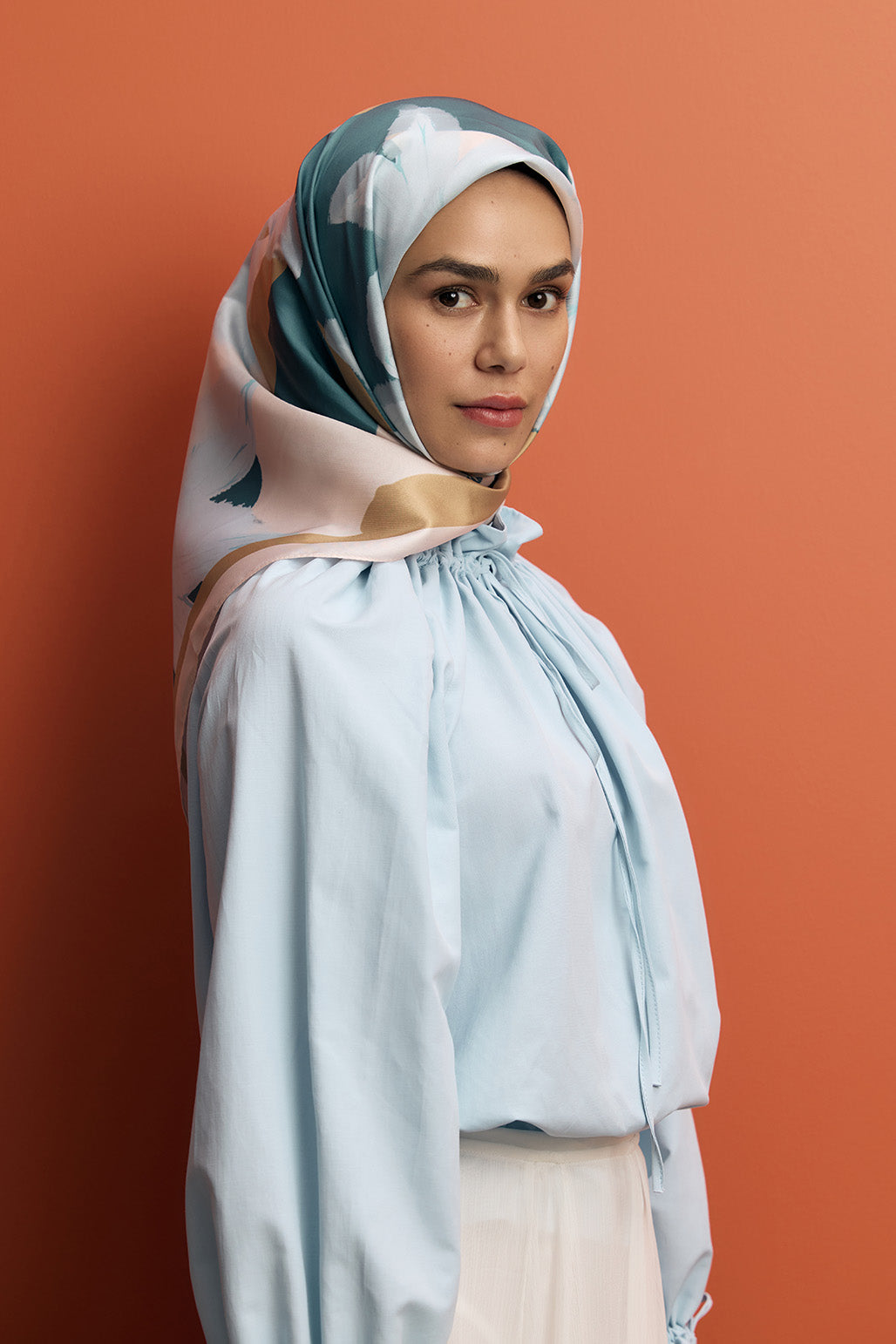 Twill İpek Eşarp Floral Soft Mavi