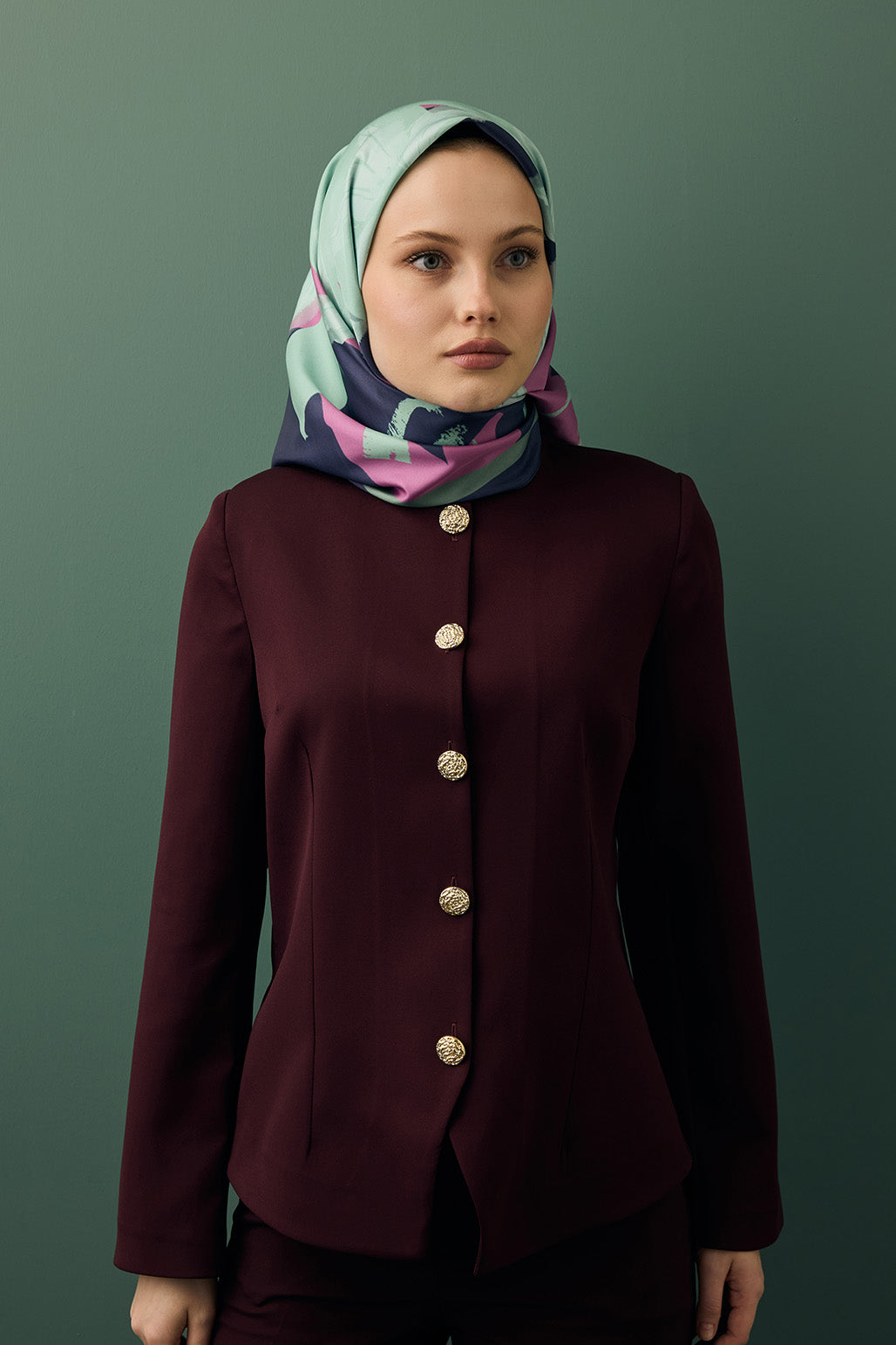 Twill İpek Eşarp Floral Su Yeşili