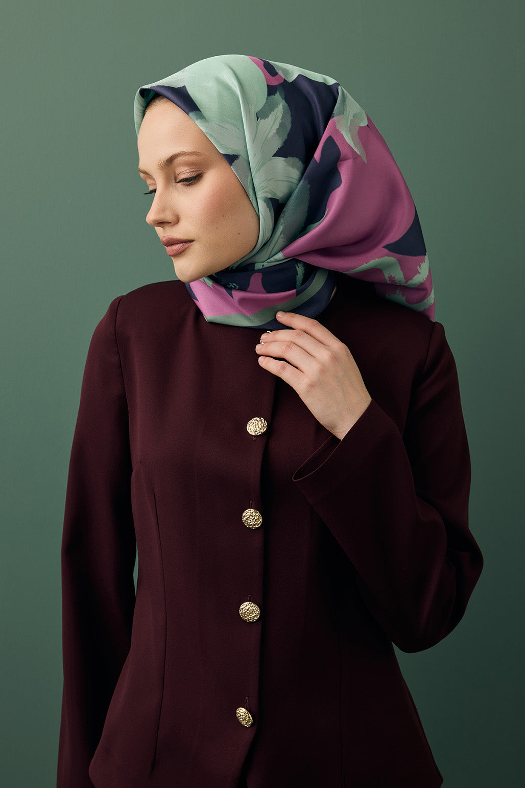 Twill İpek Eşarp Floral Su Yeşili