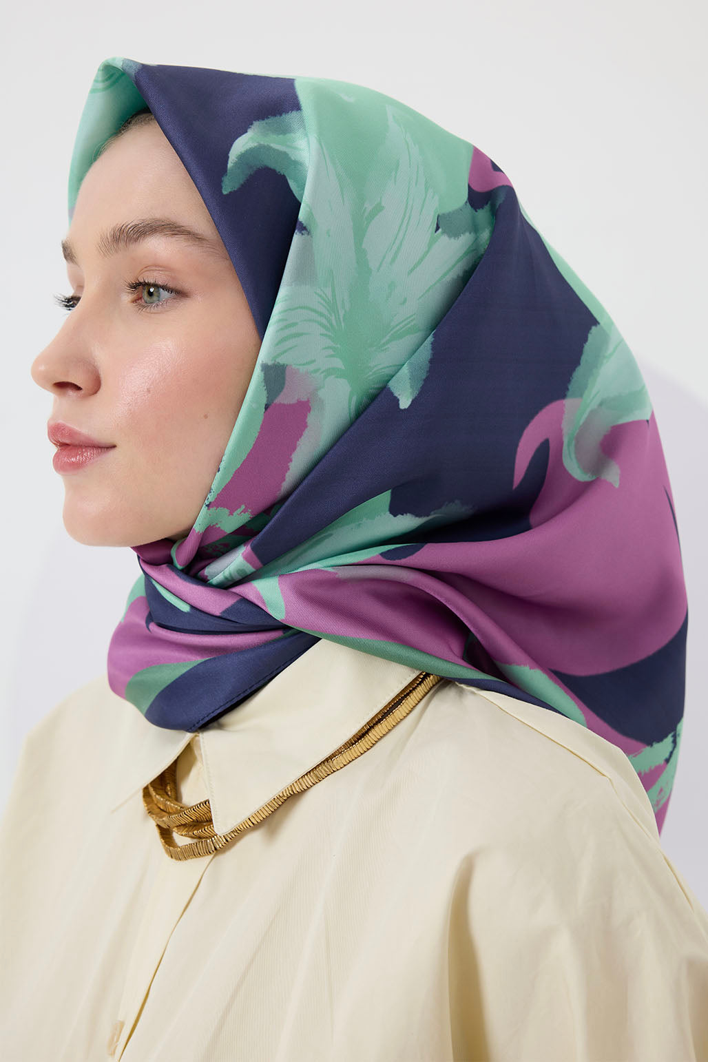 Twill İpek Eşarp Floral Su Yeşili