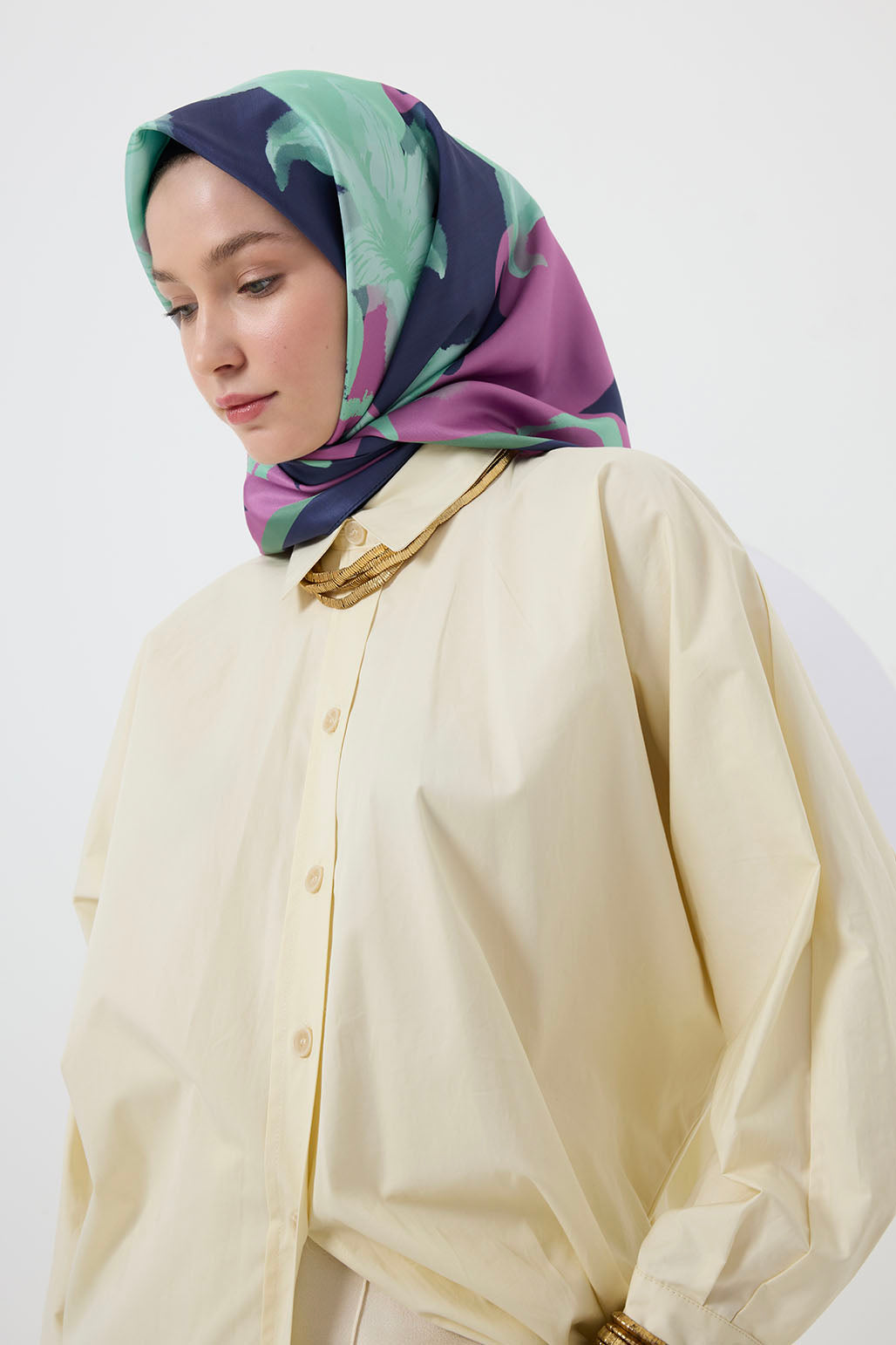 Twill İpek Eşarp Floral Su Yeşili