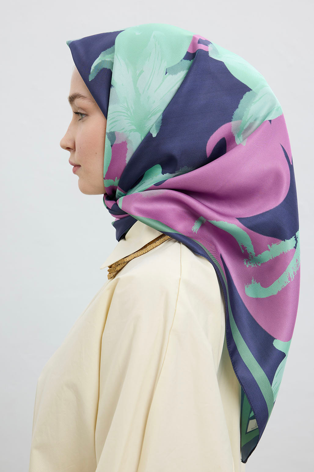 Twill İpek Eşarp Floral Su Yeşili