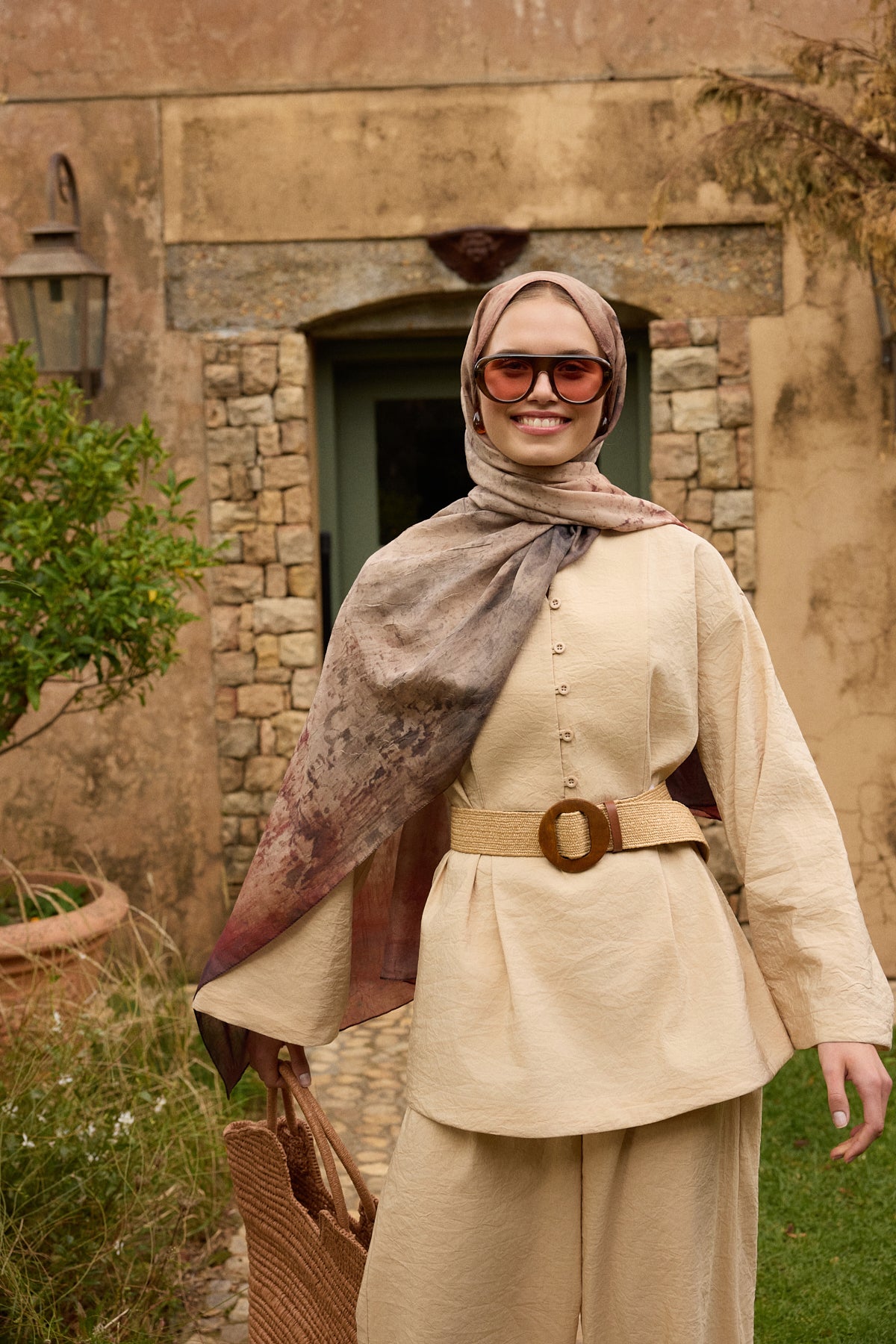 Vela Desenli Pamuk Şal Camel