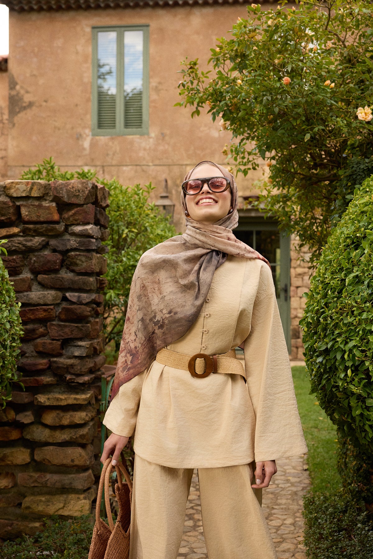 Vela Desenli Pamuk Şal Camel