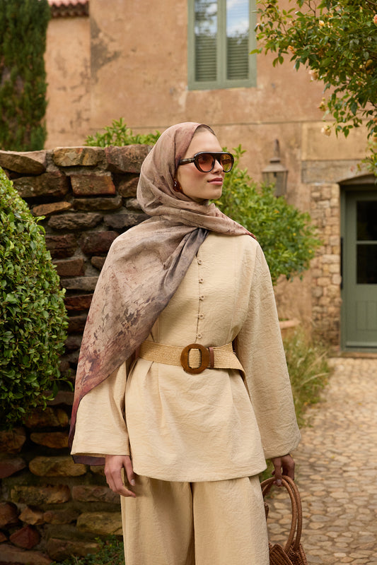 Vela Desenli Pamuk Şal Camel