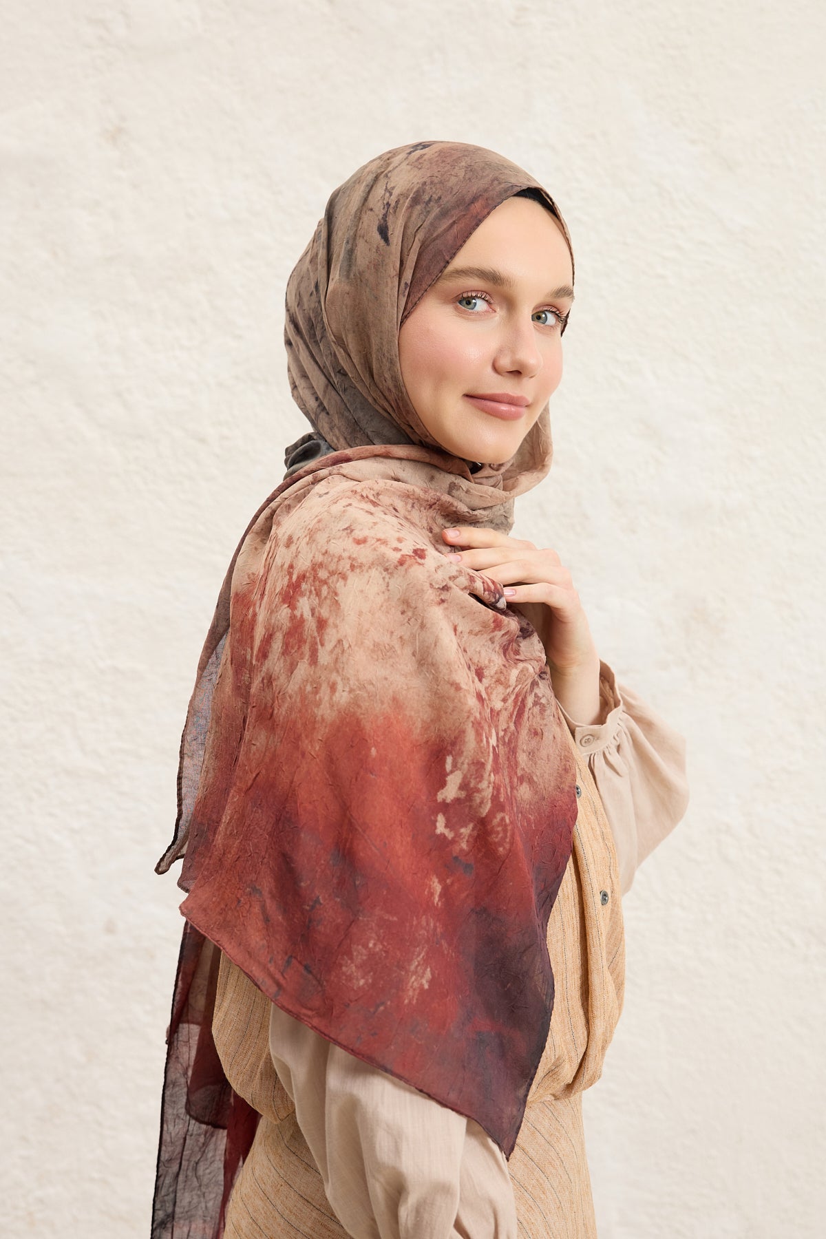 Vela Desenli Pamuk Şal Camel